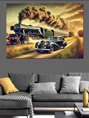 Tren ve Retro Araba Manzarası Dekoratif Kanvas - Mdf Ahşap Tablo