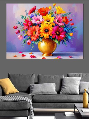 Vazoda Renkli Çiçek Buketi Dekoratif Kanvas - Mdf Ahşap Tablo