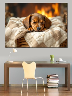 Yastıkta Uyuyan Küçük Yavru Köpek Dekoratif Kanvas - Mdf Ahşap Tablo
