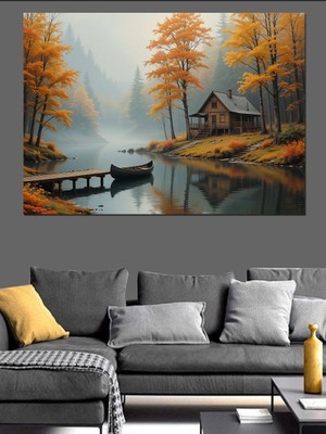 Sonbahar Göl Kıyısı Manzara Dekoratif Kanvas - Mdf Ahşap Tablo