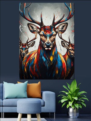 Renkli Geyik Dekoratif Kanvas - Mdf Ahşap Tablo