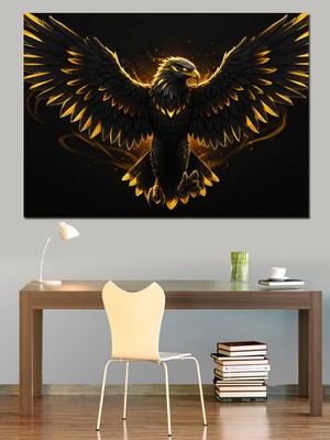 Altın Işıklı Kartal Figürü Dekoratif Kanvas - Mdf Ahşap Tablo