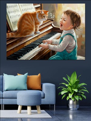 Kediyle Piyano Çalan Çocuk Dekoratif Kanvas - Mdf Ahşap Tablo
