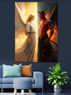 Melek ve Şeytan Dekoratif Kanvas - Mdf Ahşap Tablo