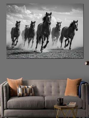 Siyah Beyaz Koşan Atlar Dekoratif Kanvas - Mdf Ahşap Tablo