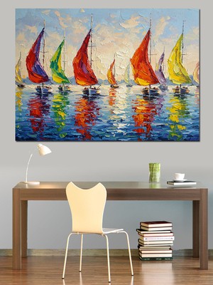 Renkli Yelkenli Tekneler Yarışı Dekoratif Kanvas - Mdf Ahşap Tablo