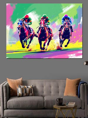 Renkli Yarışan Atlı Siluetler Dekoratif Kanvas - Mdf Ahşap Tablo