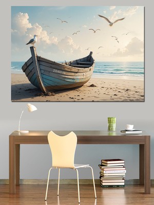 Kumsalda Terk Edilmiş Kayık Dekoratif Kanvas - Mdf Ahşap Tablo