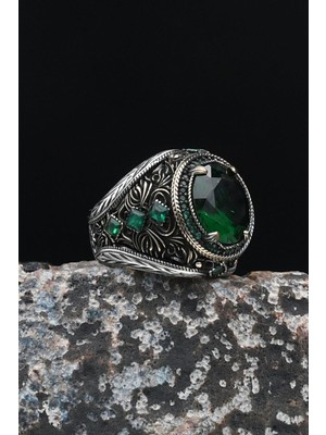 Yeşil Zirkon Taşlı Zirkon Taş Süslemeli 925 Ayar Gümüş Erkek Yüzüğü 901686