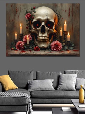 Mumlu Gül Kafatası Tablosu Dekoratif Kanvas - Mdf Ahşap Tablo