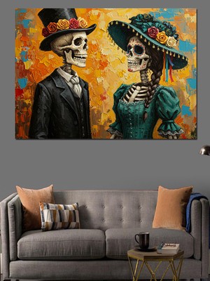 Iskelet Çift Meksika Tarzı Dekoratif Kanvas - Mdf Ahşap Tablo