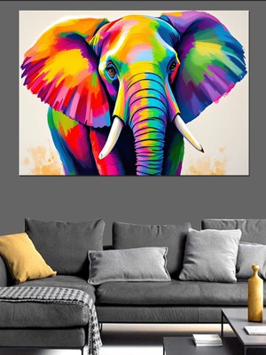 Renkli Gökkuşağı Fil Portresi Dekoratif Kanvas - Mdf Ahşap Tablo