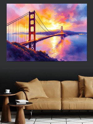 Golden Gate Köprüsü Gün Batımı Dekoratif Kanvas - Mdf Ahşap Tablo