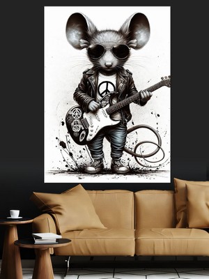 Elektro Gitar Çalan Fare Dekoratif Kanvas - Mdf Ahşap Tablo