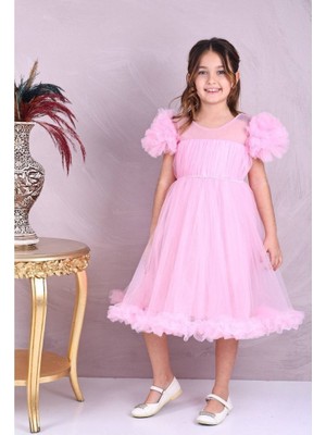 Omuz Ponpon Detaylı Tüllü Kız Çocuk Elbise