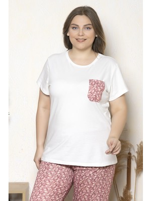 Büyük Beden Pembe Renkli Çiçek Desenli Kısa Kollu Battal Pijama Takımı B-19