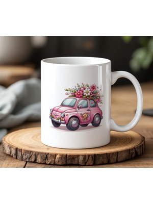 BB Design Çiçekli Araba Tasarımlı Beyaz Seramik Baskılı Kupa Bardak 330 ml
