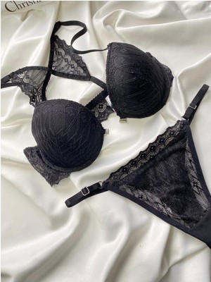 Siyah Destekli Sütyen Takımı Önden Kapamalı Iç Çamaşır Sütyen Tanga Set Kadın Iç Giyim