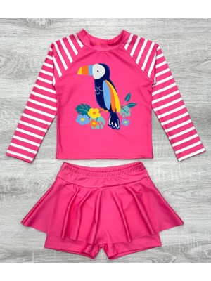 Lolli Boom Kids Kız Çocuk Beyaz Pembe Renk  Şanslı Tukan Kuşu Baskılı Uzun Kollu Tayt Etekli 2 Parça Mayo / Bikini Takımı