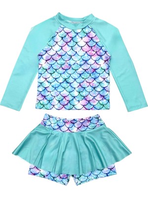 Lolli Boom Kids Kız Çocuk Balık Sırtı Desen Uzun Kollu Tayt Etekli 2 Parça Mayo / Bikini Takımı