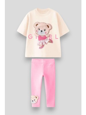 Kız Çocuk Sevimli Balerin Pembe Ayıcık T-Shirt ve Tayt Takım 3D Kabartma Aplike Nakış Baskılı