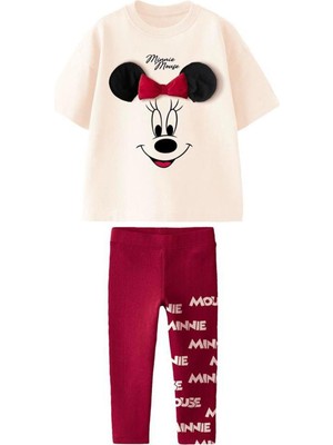 Kız Çocuk Fiyonk - Kurdela Aplike Detaylı Bordo - Kırmızı Renk Baskılı T-Shirt Tayt Alt Üst Takım