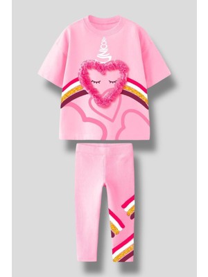Yeni Sezon 3D Kalp Detaylı Unicorn Baskılı T-Shirt Tayt Alt Üst Takım - 2 Parça  / Pamuklu