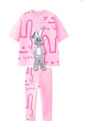 Lolli Boom Kids Kız Çocuk Peluş 3D Tavşan Nakış Detaylı Tshirt - Tayt Alt Üst Takım Pembe Renk