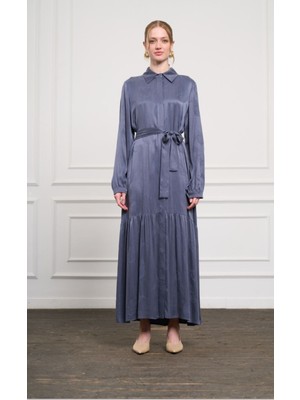 Nuss 2044 Kendinden Desenli Kemerli Elbise