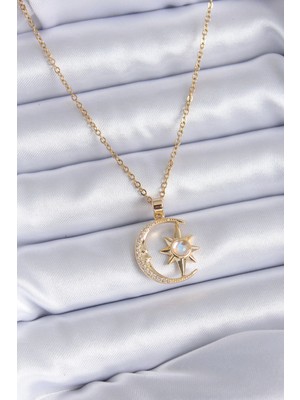 316L Çelik Gold Renk Zirkon Taşlı Ay Yıldız Model Kadın Kolye