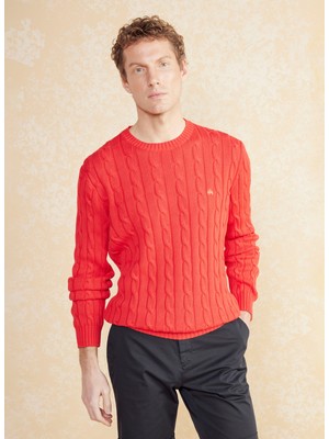 Brooks Brothers Bisiklet Yaka Standart Saç Örgü Desenli Kırmızı Erkek Kazak BBSS25MKL021