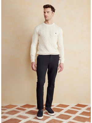Brooks Brothers Bisiklet Yaka Standart Saç Örgü Desenli Kırık Beyaz Erkek Kazak BBSS25MKL021