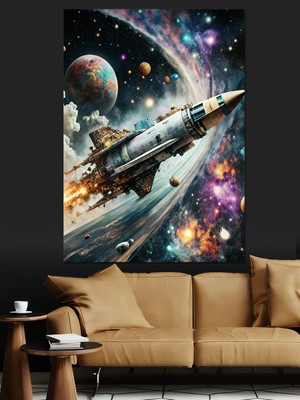 Ekart Uzayda Roket Dekoratif Kanvas - Mdf Ahşap Tablo