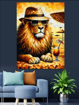 Ekart Şapkalı Aslan Dekoratif Kanvas - Mdf Ahşap Tablo