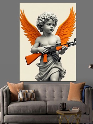 Ekart Melek Çocuk Heykeli Dekoratif Kanvas - Mdf Ahşap Tablo