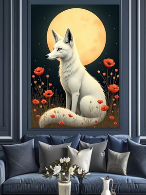 Ekart Beyaz Tilki ve Papatyalar Dekoratif Kanvas - Mdf Ahşap Tablo