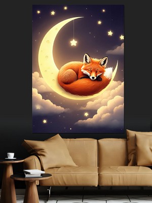 Ekart Ay ve Tilki Çizimi Dekoratif Kanvas - Mdf Ahşap Tablo