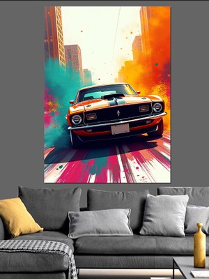 Ekart Şehirde Retro Spor Araba Dekoratif Kanvas - Mdf Ahşap Tablo