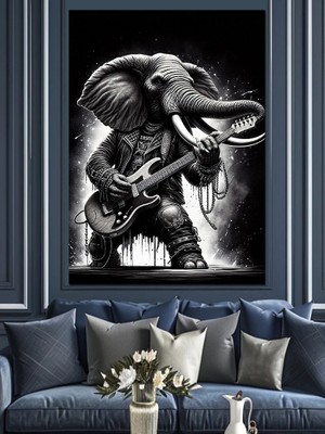 Karizma Tablo Gitar Çalan Fil Dekoratif Kanvas - Mdf Ahşap Tablo