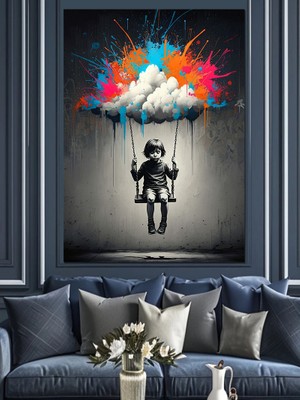 Karizma Tablo Çocuk ve Renkli Bulutlar Dekoratif Kanvas - Mdf Ahşap Tablo