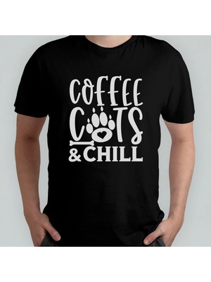 Pixxa Coffee Cats And Chill Kedi Sever Unisex %100 Pamuklu Bisiklet Yaka T-Shirt
