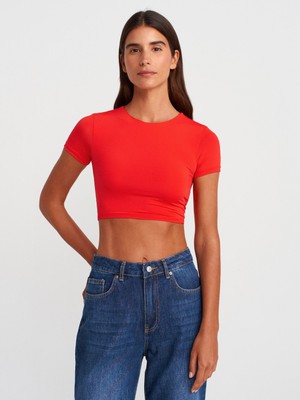 Dilvin 31175 Bisiklet Yaka Crop Top-Kırmızı