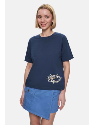 Ucla Odette Lacivert Bisiklet Yaka Baskılı Loose Fit Kadın Tshirt