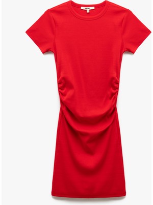 Koton Pamuklu Kısa Kollu Bisiklet Yaka Drape Detaylı Mini Elbise