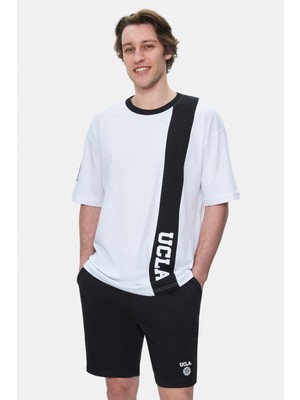 Ucla KEITH Beyaz Bisiklet Yaka Baskılı %100 Pamuk Oversize Erkek Tshirt