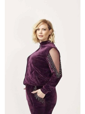 1950 Kolları Taşlı Tam Kalıp Tarz Kadife Büyük Beden Eşofman Takım Mürdüm