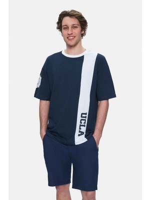 Ucla Keıth Lacivert Bisiklet Yaka Baskılı %100 Pamuk Oversize Erkek Tshirt