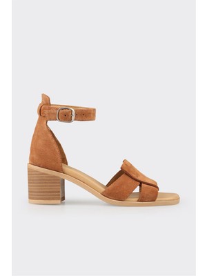 Kadın Elle Taba Deri Topuklu Sandalet 6 cm Topuk Boyu ile Günlük Kullanıma Uygun