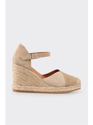 ELLE Naturel Deri Kadın Espadril Dolgu Topuk Açık Bej Renk Taban Poliüretan