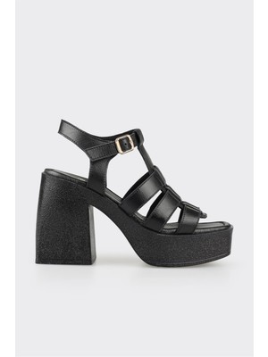 Elle Siyah Deri Kadın Topuklu Sandalet
